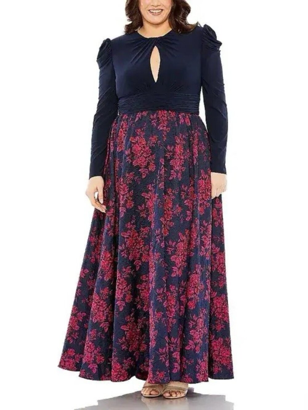 Mac Duggal Size 18W Navy Pink 68556 Long Sleeve High Neck Brocade Gown Dress NWT